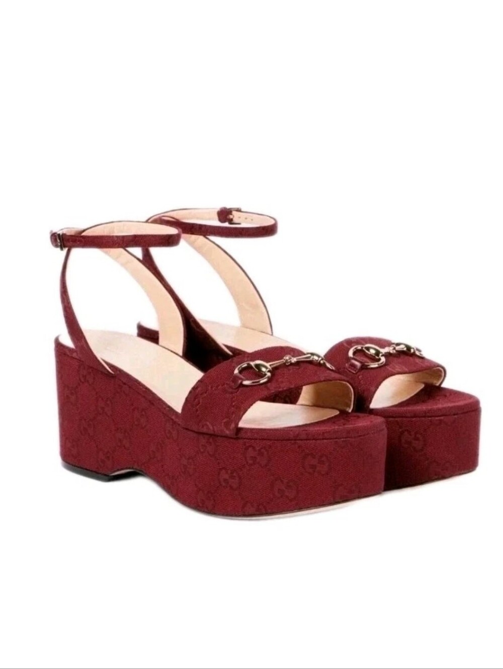 $1,190 Gucci Lady Horsebit GG Canvas Platform Sandal Red EU 38 US 8 BNIB